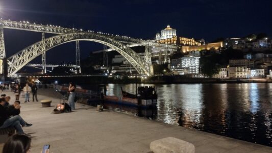 Porto bridge over the Douro river at night